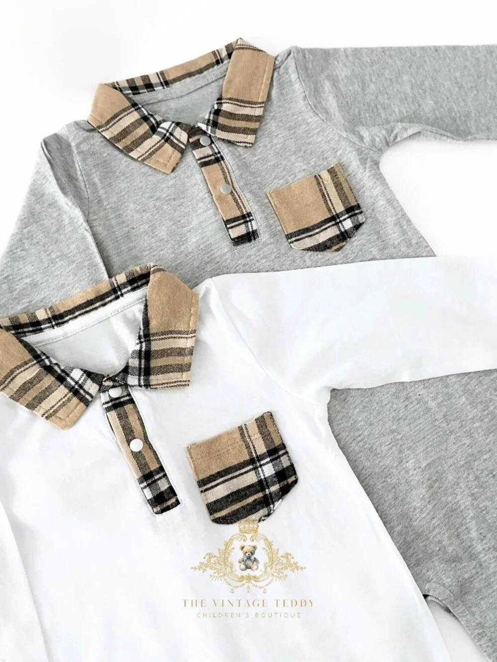 NWT Cute Boys One-piece Bodysuit Oxford Rompers Set of 2 Long Sleeve Plaid 9-12M
